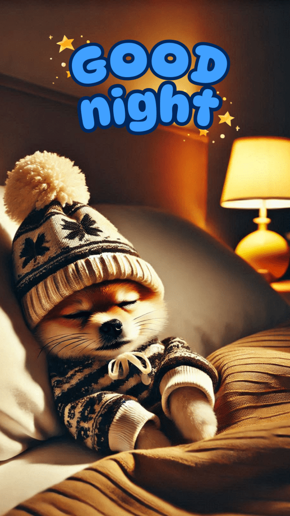 Very cute good night image of a small dog wearing a striped brown-and-white sweater & a matching knitted beanie